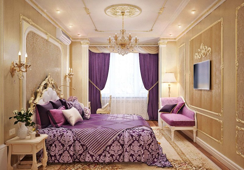 Rich bedroom interior in gold with lavender accents