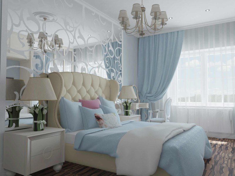 Интериорът на красива спалня в бледосини тонове