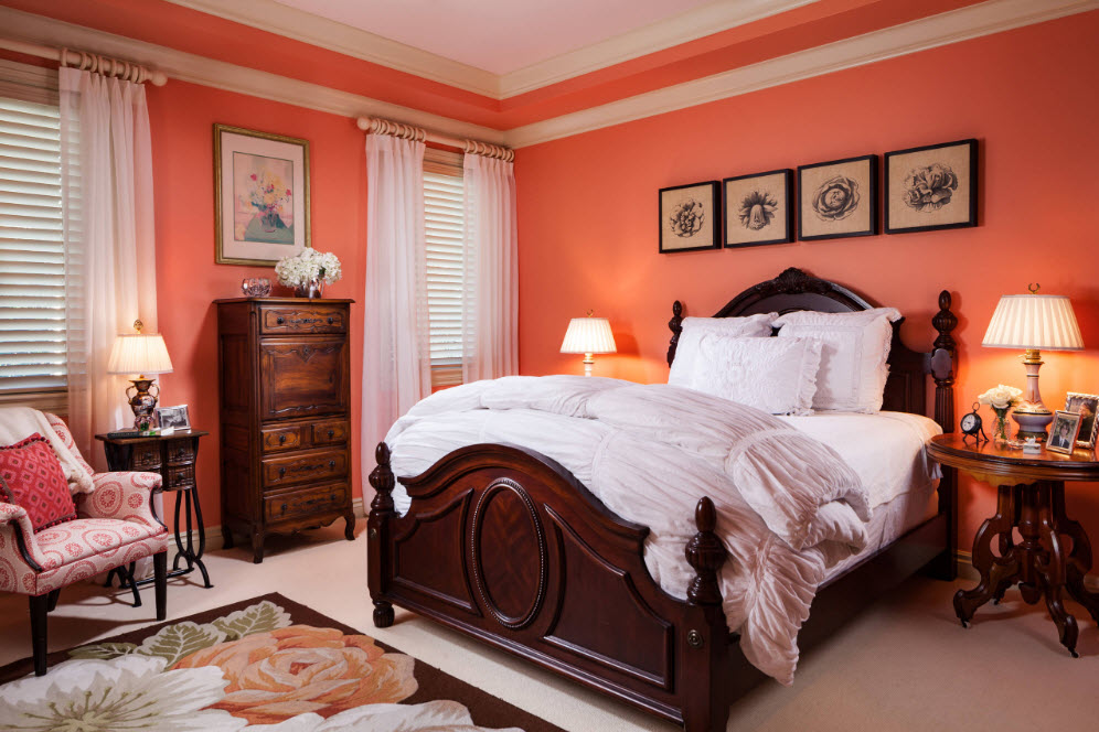 Pink walls in a neoclassical style bedroom