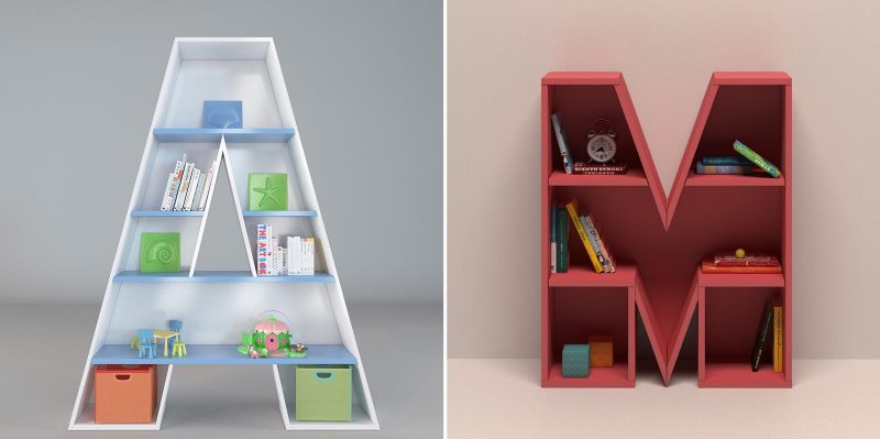 Shelving in the children's room in the form of Russian letters