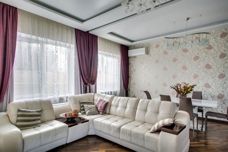 Living room interior with bright wallpaper