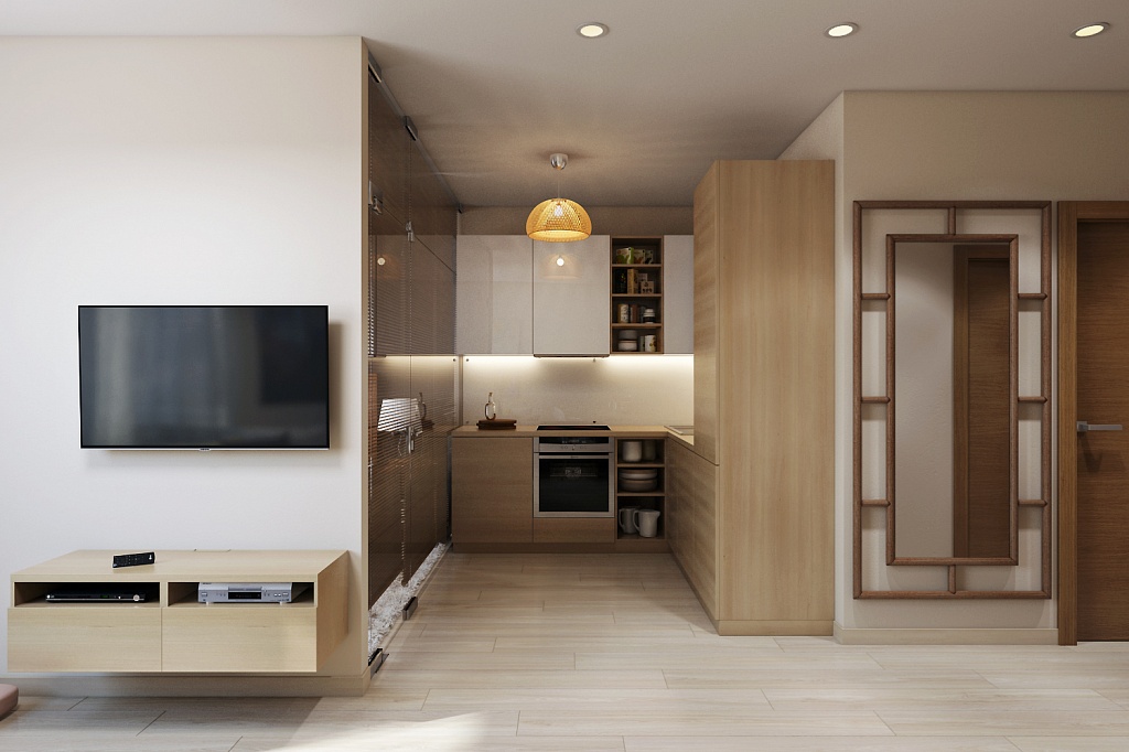 Layout of a studio apartment with a separate kitchen