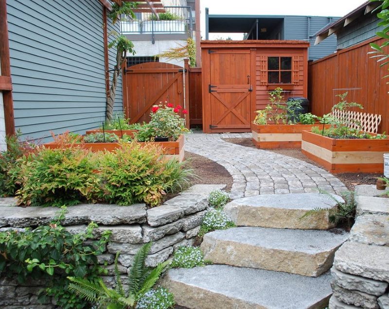 Terrace with stone retaining wall
