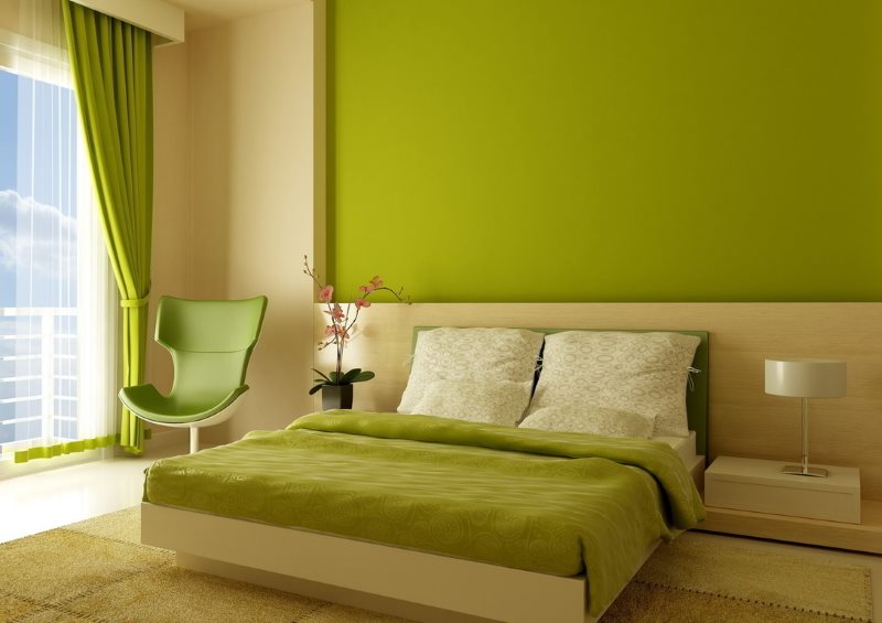 Highlighting the wall above the head of the bed with green wallpaper for painting