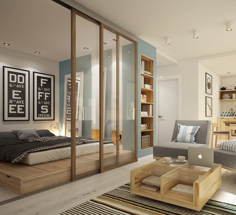 Zoning by a screen of a studio apartment with an area of