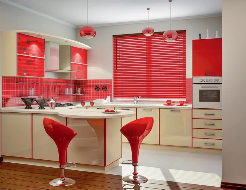 Red bar stools in the white kitchen