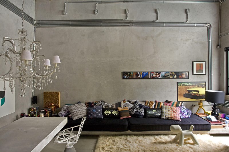 Unfinished concrete in the design of a room in the style of a loft