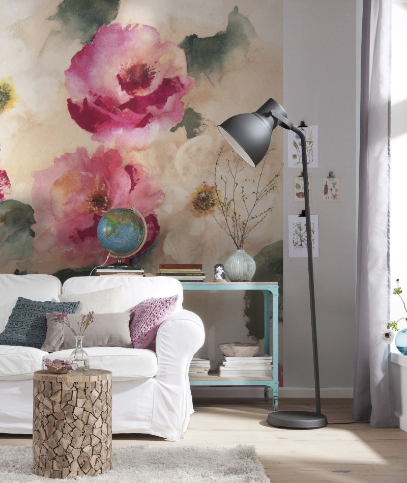 Large flowers on the wallpaper in a modern living room