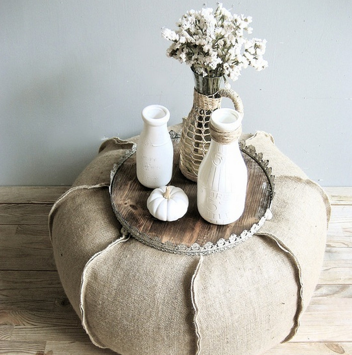 Drapery of an old pouf with burlap