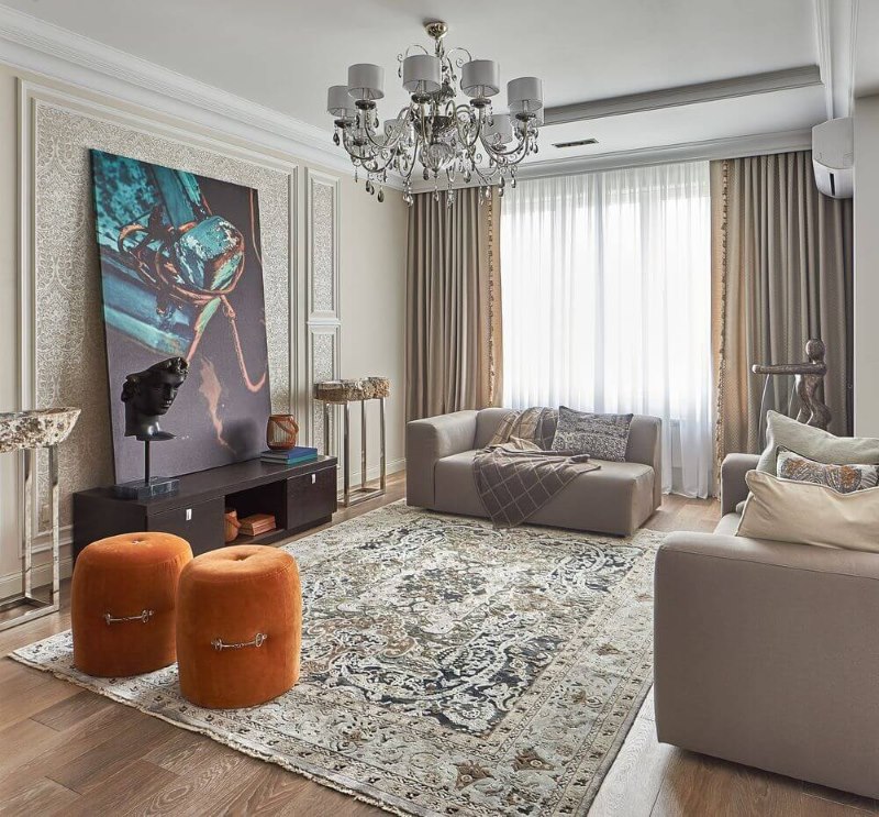 Gray tones living room interior with orange poufs