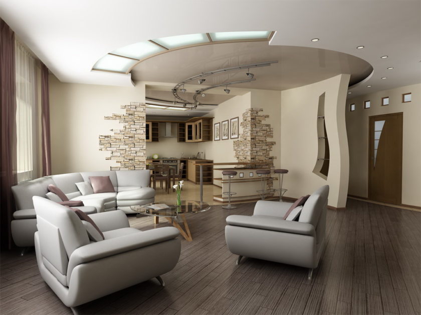 Une belle combinaison de plafonds tendus et de plaques de plâtre dans un salon moderne