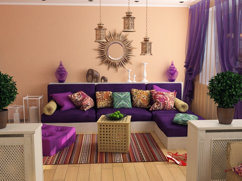 Sofa with purple pillows in Moroccan design