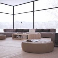 Panoramic windows in a large minimalist style living room