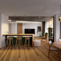 Wood in the interior of a modern kitchen-living room