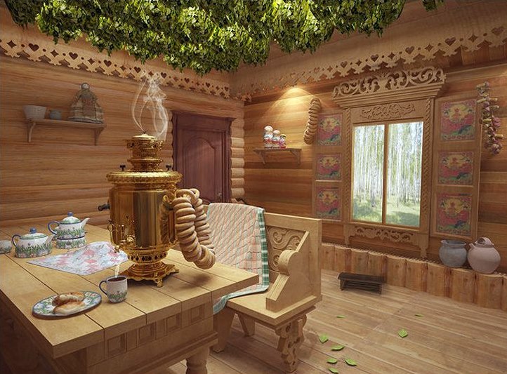 Interior design of a relaxation room in a Russian bath