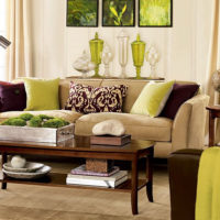Brown living room table with beige sofa