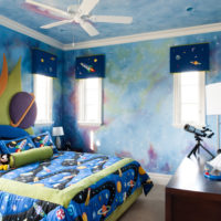 The interior of the nursery in blue tones on the theme of space