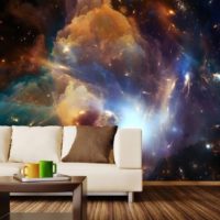 Realistic photo wallpaper on living room wall