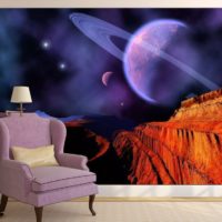 Classic armchair on the background of space-themed wallpapers