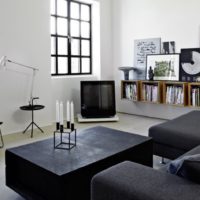Black furniture in the interior of a white room
