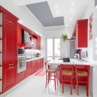 Red facades of a kitchen set