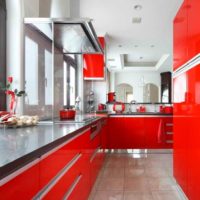 Glossy facades of a kitchen set