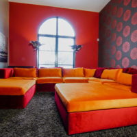 Orange-red furniture in the living room
