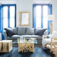 Blue window frames in the living room of a private house