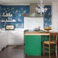 Wall decoration in the kitchen with floral wallpaper
