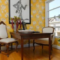Yellow wallpaper in the design of a rustic kitchen