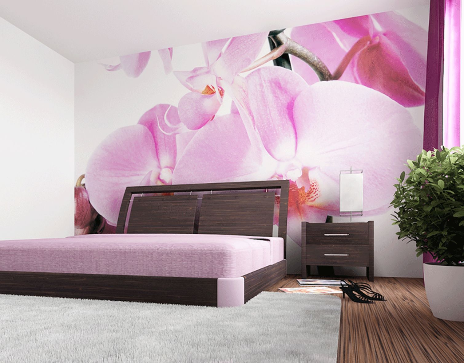 Wall mural with large flowers in the interior of a bedroom