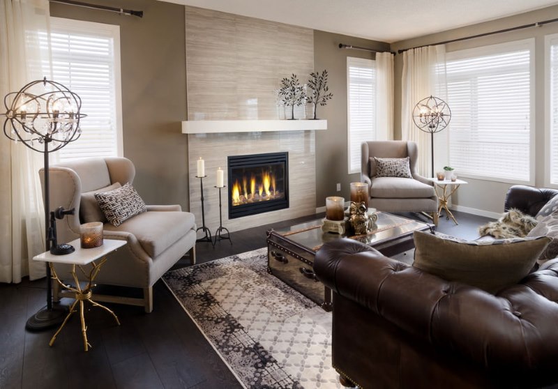 Brown fireplace in the living room interior