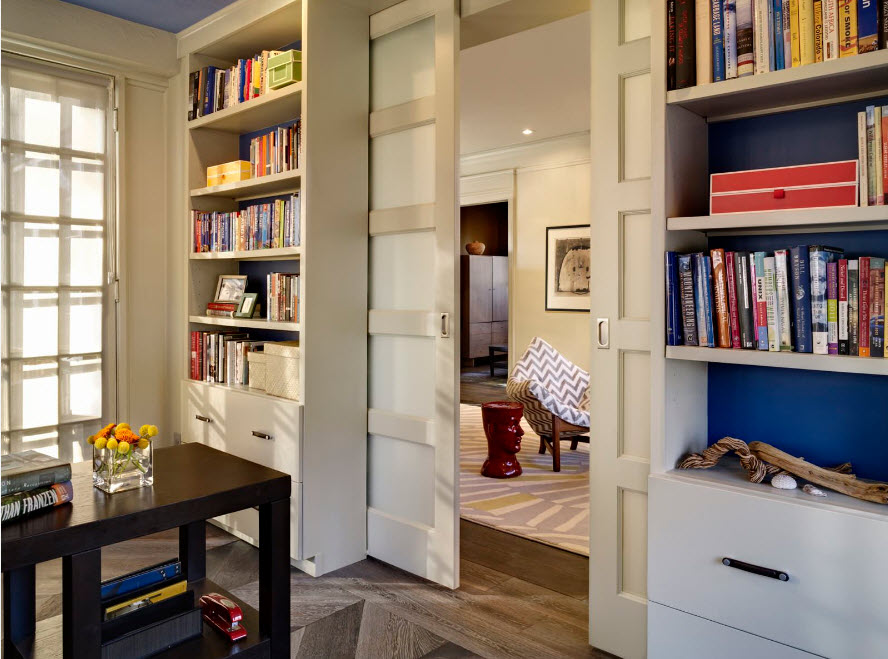 Bright book shelves and sliding doors with glass inserts