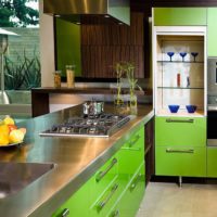 Stainless steel worktop and green fronts of kitchen set