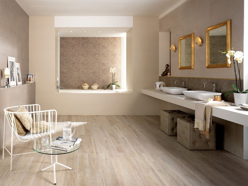 Bathroom interior in brown and beige colors.