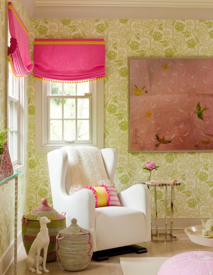 Decoration of the living room of a country house with floral wallpaper
