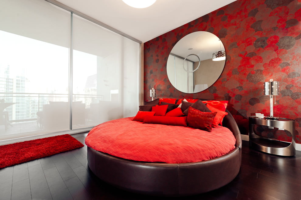 Modern bedroom interior with red shades