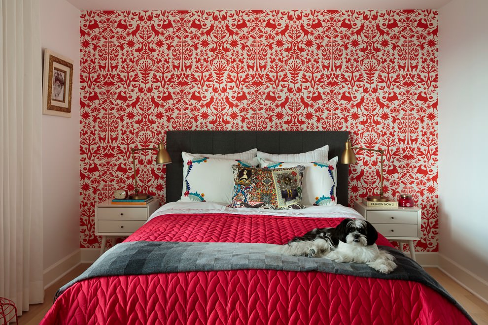 Decoration of the bedroom with red wallpaper