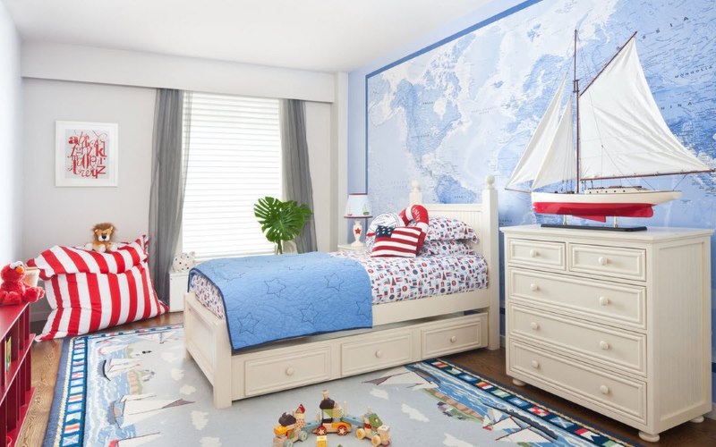 Nautical theme kids room interior with red accents