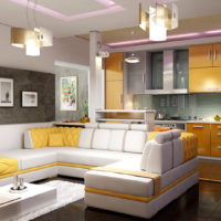 Mobili arancioni in una moderna cucina-soggiorno