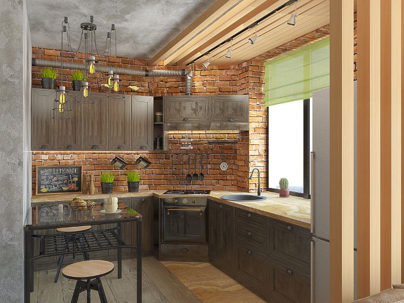 Loft style kitchen design with sink instead of window sill