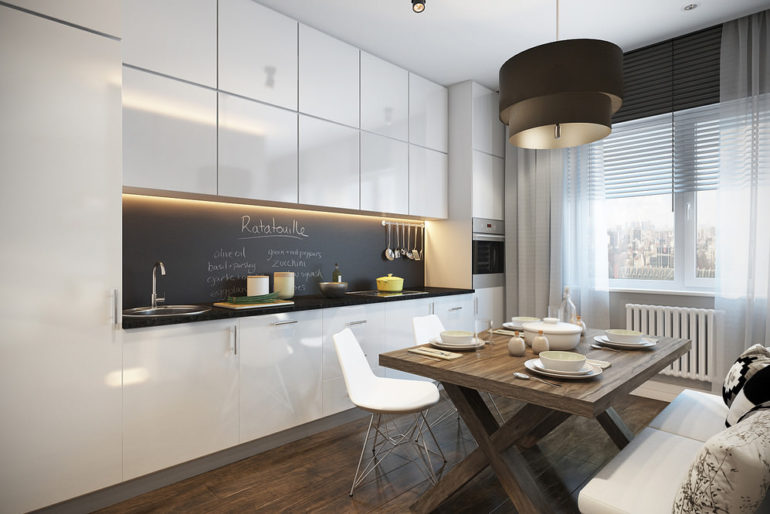 The linear layout of the kitchen-living room area of ​​16 squares