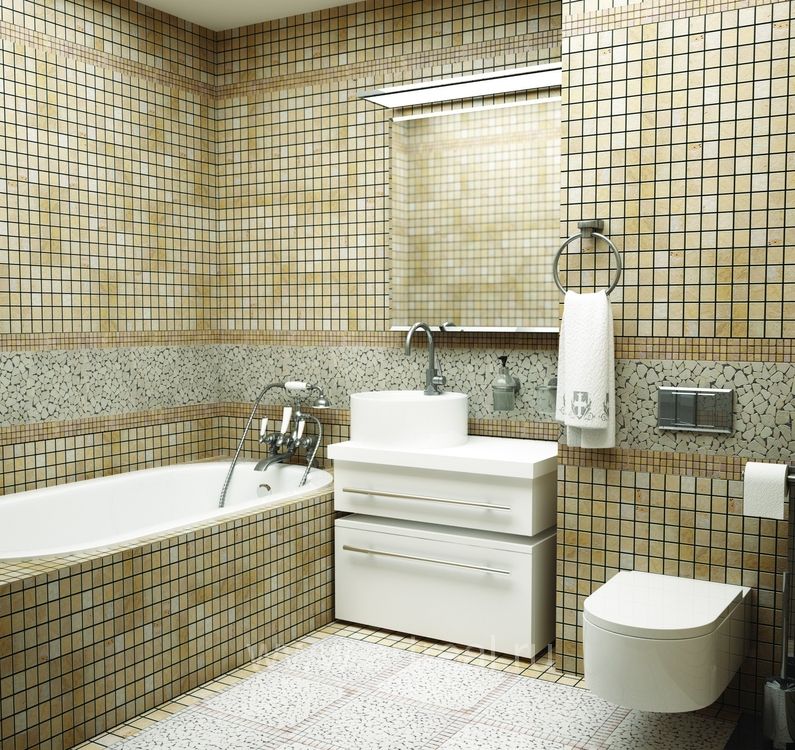L'intérieur de la salle de bain avec une mosaïque de couleurs pastel