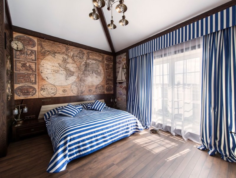 Old nautical chart over the head of the bed