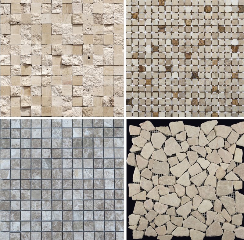 Varieties of stone mosaics for walls and floors