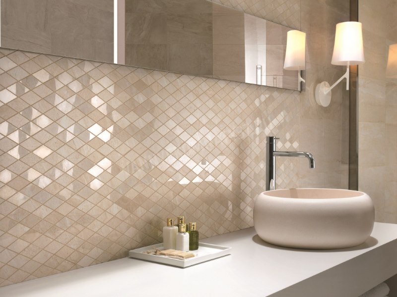Interior design bathroom in pastel colors with mosaic trim