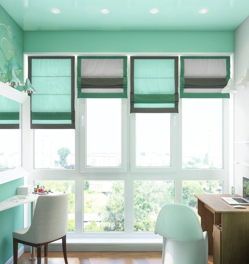 Window decoration for a modern room with mint curtains