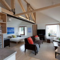 Bearing wooden beams in the interior of a modern living room