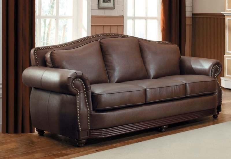Dark brown sofa with genuine leather upholstery