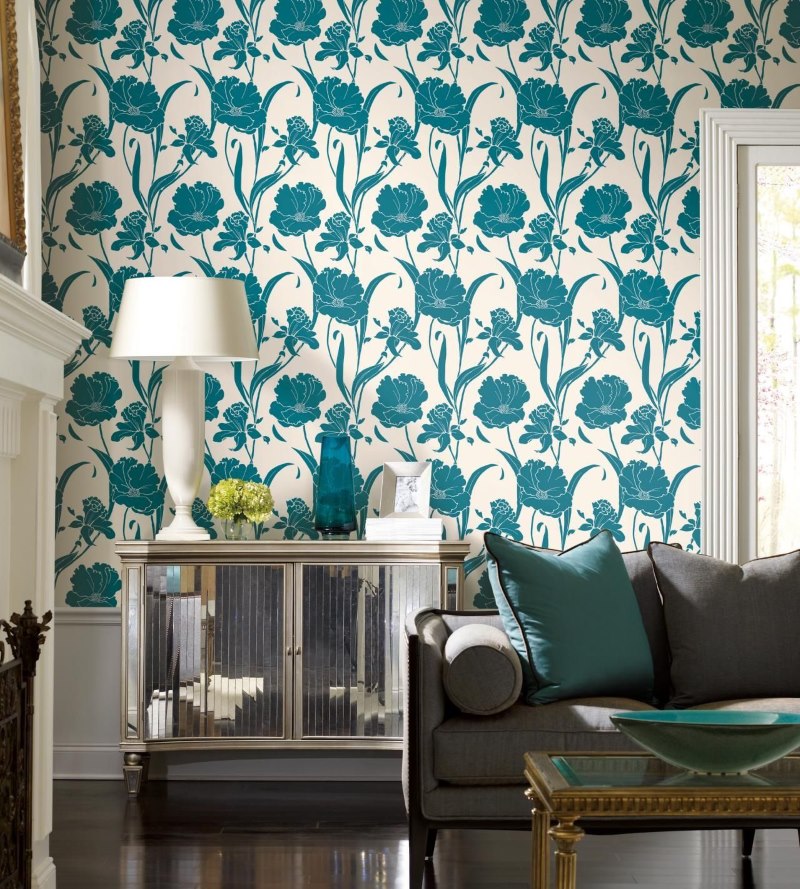 Design a living room in a classic style with floral wallpaper